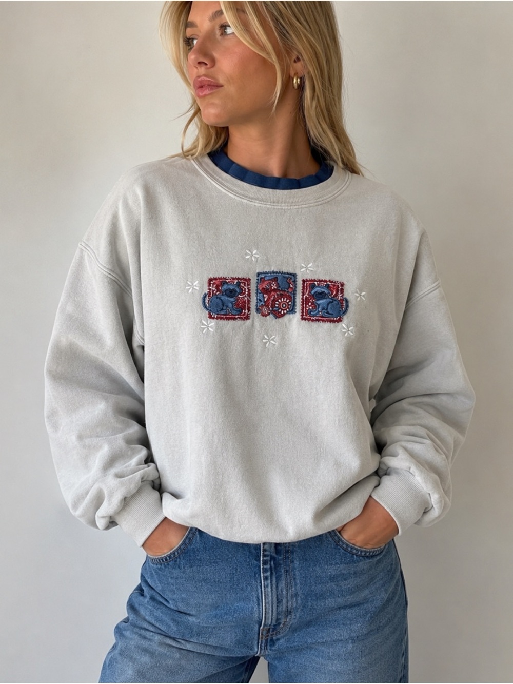 Vintage Top Stitch USA Cat Paisley Embroidered Patchwork Crewneck Novelty Shirt